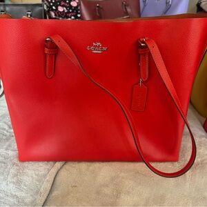 Coach Vibrant Red Pebble Leather Tote with Signature Tag